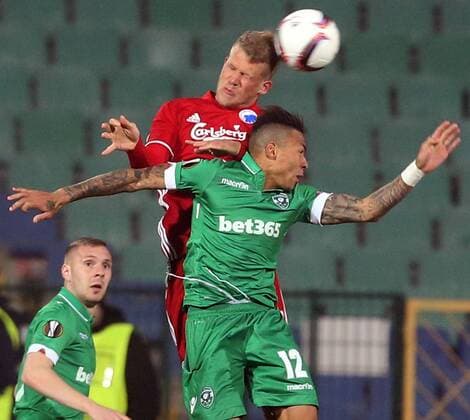 16.02.2017 Sofia(Bulgaria) PFC Ludogorets-FC Kobenhavn(FC Copenhagen) Europa League men s football Andreas Cornelius(above) FC Kobenhavn (FC Copenhagen) stopped Anicet Abel (front) PFC Ludogorets :Str 