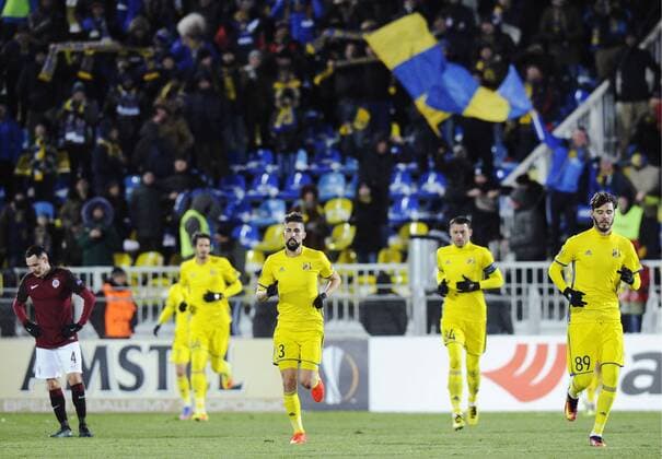 ROSTOV-ON-DON, RUSSIA - FEBRUARY 16, 2017: FC Rostovâ€™s Miha Mevlja, Alexandru Gatcan, and Aleksandr Yerokhin (L-R) celebrate scoring in their 2016-17 UEFA Europa League Round of 32, 1st leg football match against AC Sparta Prague at Olimp 2 Stadium. FC Rostov won the game 4-0. Valery Matytsin TASS  TS04177E