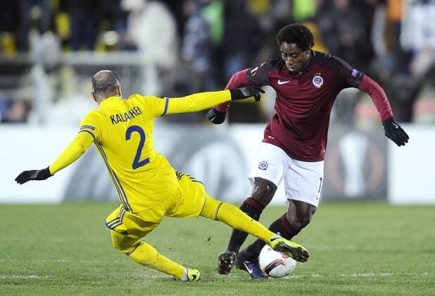ROSTOV-ON-DON, RUSSIA - FEBRUARY 16, 2017: FC Rostovâ€™s Timofei Kalachev (L) and AC Sparta Pragueâ€™s Tiemoko Konate fight for the ball in their 2016-17 UEFA Europa League Round of 32, 1st leg football match at Olimp 2 Stadium. FC Rostov won the game 4-0. Valery Matytsin TASS  TS04177F