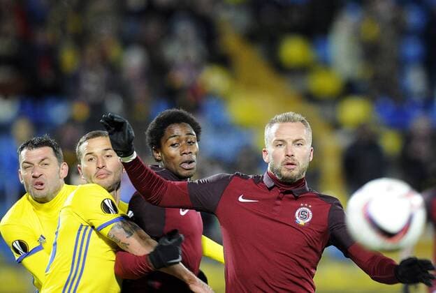 ROSTOV-ON-DON, RUSSIA - FEBRUARY 16, 2017: FC Rostovâ€™s Alexandru Gatcan, Fedor Kudryashov, AC Sparta Pragueâ€™s Tiemoko Konate and Michal Kadlec (L-R) fight for the ball in their 2016-17 UEFA Europa League Round of 32, 1st leg football match at Olimp 2 Stadium. FC Rostov won the game 4-0. Valery Matytsin TASS  TS041780