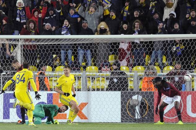 ROSTOV-ON-DON, RUSSIA - FEBRUARY 16, 2017: FC Rostovâ€™s Alexandru Gatcan, Aleksandr Bukharov, and AC Sparta Pragueâ€™s goalkeeper Tomas Koubek (L-R) in their 2016-17 UEFA Europa League Round of 32, 1st leg football match at Olimp 2 Stadium. FC Rostov won the game 4-0. Valery Matytsin TASS  TS041781