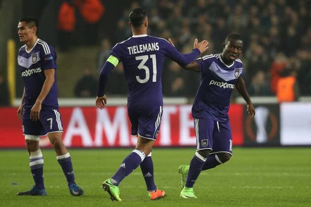 Anderlecht s Youri Tielemans and Anderlecht s Frank Acheampong pictured during a game between Belgian soccer team RSC Anderlecht and Russian team FC Zenit, first-leg of the 1 16 finals of the Europa League competition, Thursday 16 February 2017, in Brussels. VIRGINIExLEFOUR  x05049103x