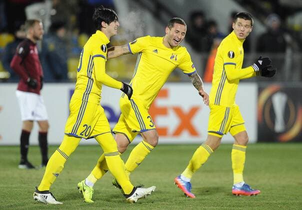 ROSTOV-ON-DON, RUSSIA - FEBRUARY 16, 2017: FC Rostovâ€™s Sardar Azmoun, Fedor Kudryashov, and Dmitri Poloz (L-R) celebrate scoring in their 2016-17 UEFA Europa League Round of 32, 1st leg football match against AC Sparta Prague at Olimp 2 Stadium. FC Rostov won the game 4-0. Valery Matytsin TASS  TS04178B