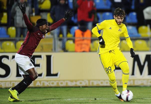 ROSTOV-ON-DON, RUSSIA - FEBRUARY 16, 2017: AC Sparta Pragueâ€™s Costa Nhamoinesu (L) and FC Rostovâ€™s Aleksandr Yerokhin fight for the ball in their 2016-17 UEFA Europa League Round of 32, 1st leg football match at Olimp 2 Stadium. FC Rostov won the game 4-0. Valery Matytsin TASS  TS041792