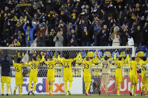 ROSTOV-ON-DON, RUSSIA - FEBRUARY 16, 2017: FC Rostovâ€™s players celebrate winning their 2016-17 UEFA Europa League Round of 32, 1st leg football match against AC Sparta Prague at Olimp 2 Stadium. FC Rostov won the game 4-0. Valery Matytsin TASS  TS041796