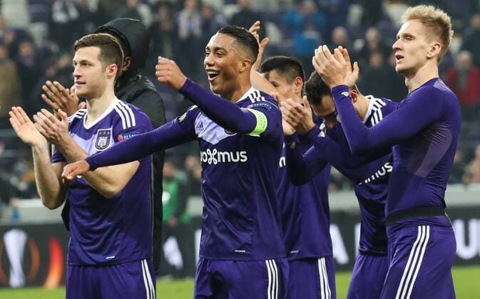 Anderlecht s Youri Tielemans celebrates after winning a game between Belgian soccer team RSC Anderlecht and Russian team FC Zenit, first-leg of the 1 16 finals of the Europa League competition, Thursday 16 February 2017, in Brussels. VIRGINIExLEFOUR  x05049147x