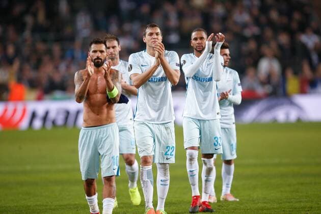 Zenit s players look dejected after a game between Belgian soccer team RSC Anderlecht and Russian team FC Zenit, first-leg of the 1 16 finals of the Europa League competition, Thursday 16 February 2017, in Brussels. BRUNOxFAHY  x05049144x