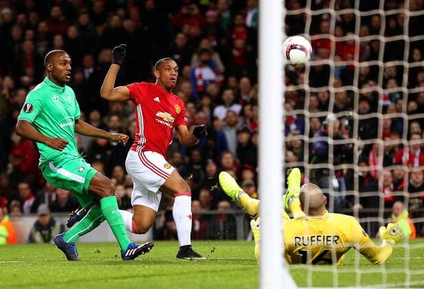 Anthony Martial of Manchester United ManU fires a shot at goal during the UEFA Europa League Round of 32 1st leg match at Old Trafford Stadium, Manchester. Picture date: February 16th, 2017. Pic credit should read: Matt McNulty Sportimage EDITORIAL USE ONLY. No use with unauthorised audio, video, data, fixture lists, club league logos or live services. Online in-match use limited to 120 images, no video emulation. No use in betting, games or single club league player publications.