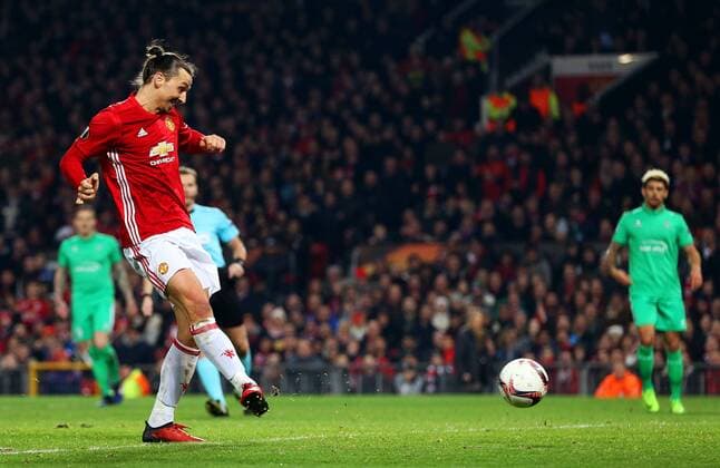 Zlatan Ibrahimovic of Manchester United ManU scores his sides second goal during the UEFA Europa League Round of 32 1st leg match at Old Trafford Stadium, Manchester. Picture date: February 16th, 2017. Pic credit should read: Matt McNulty Sportimage EDITORIAL USE ONLY. No use with unauthorised audio, video, data, fixture lists, club league logos or live services. Online in-match use limited to 120 images, no video emulation. No use in betting, games or single club league player publications.