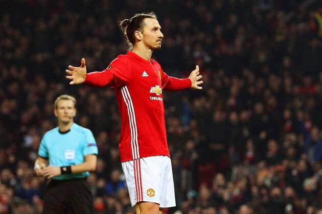 Zlatan Ibrahimovic of Manchester United ManU celebrates after scoring his sides second goal during the UEFA Europa League Round of 32 1st leg match at Old Trafford Stadium, Manchester. Picture date: February 16th, 2017. Pic credit should read: Matt McNulty Sportimage EDITORIAL USE ONLY. No use with unauthorised audio, video, data, fixture lists, club league logos or live services. Online in-match use limited to 120 images, no video emulation. No use in betting, games or single club league player publications.