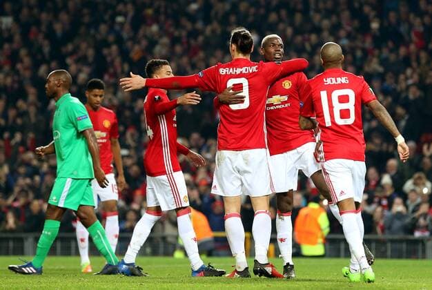 Zlatan Ibrahimovic of Manchester United ManU celebrates after scoring his sides third goal during the UEFA Europa League Round of 32 1st leg match at Old Trafford Stadium, Manchester. Picture date: February 16th, 2017. Pic credit should read: Matt McNulty Sportimage EDITORIAL USE ONLY. No use with unauthorised audio, video, data, fixture lists, club league logos or live services. Online in-match use limited to 120 images, no video emulation. No use in betting, games or single club league player publications.