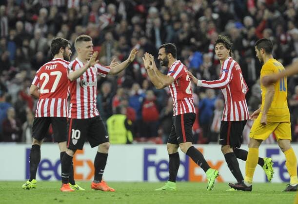 Balenziaga. First leg of 1 16 Europa League match between Athletic Bilbao and Apoel Nicosia. In this picture, Balenziaga celebrates his goal. xJuanxEcheverriax 