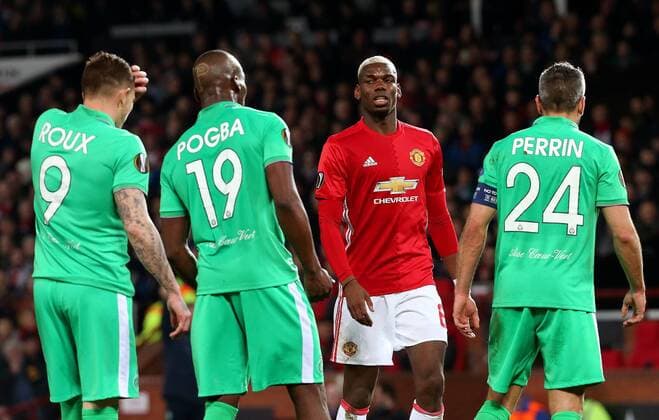 Florentin Pogba of Saint Etienne and Paul Pogba of Manchester United ManU during the UEFA Europa League Round of 32 1st leg match at Old Trafford Stadium, Manchester. Picture date: February 16th, 2017. Pic credit should read: Matt McNulty Sportimage EDITORIAL USE ONLY. No use with unauthorised audio, video, data, fixture lists, club league logos or live services. Online in-match use limited to 120 images, no video emulation. No use in betting, games or single club league player publications.
