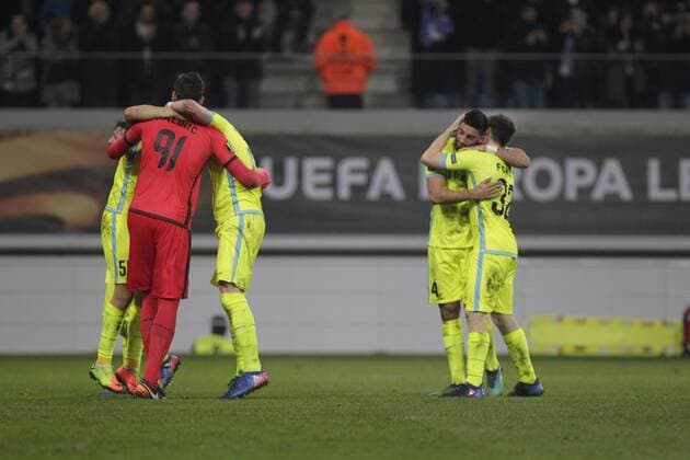 February 16th 2017, Ghent, Belgium; UEFA Europa League Round of 32 First Leg between KAA Gent and Tottenham Hotspur; Team Ghent celebrate their 1-0 win in the Ghelamco Arena xlaurent.lairysx  ActionPlus11846895