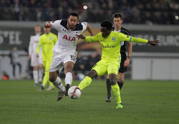 February 16th 2017, Ghent, Belgium; UEFA Europa League Round of 32 First Leg between KAA Gent and Tottenham Hotspur; Moussa Dembele Tottenham takes on Coulibaly xlaurent.lairysx  ActionPlus11846938