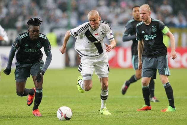 February 16th 2017, sports, Polish Army Stadium, Warsaw, Poland; Bertrand Traore (Ajax), Davy Klaassen (Ajax), Adam Hlousek (Legia) at the Legia Warsaw versus Ajax Amsterdam, UEFA Europa League tie xTomaszxJastrzebowskix  ActionPlus11847048