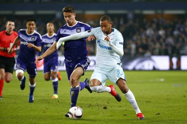 Leander Dendoncker midfielder of RSC Anderlecht and Rodic Milan defender of FC Zenit FOOTBALL : RSC Anderlecht vs Zenith St. Petersbourg - UEFA Europa League - UEFA Europa League - 16 02 2017 PhotoNews Panoramic  687875959
