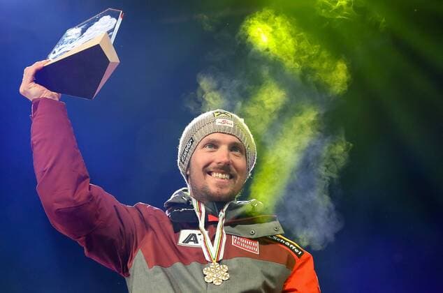 ALPINE SKIING - FIS Ski WC St. Moritz SANKT MORITZ,SWITZERLAND,17.FEB.17 - ALPINE SKIING - FIS Alpine World Ski Championships, giant slalom, men, award ceremony. Image shows the rejoicing of Marcel Hirscher (AUT). Keywords: medal, trophy. GEPAxpictures xChristianxWalgram