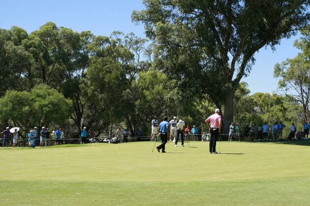February 18th 2017, Lake Karrinyup Country Club, Perth, Western Australia, Australia; ISPS Handa World Super 6 Perth Golf Tournament Day 3 Jason Scrivener (AUS) putts on the 1st green watched by Jake Higginbottom (AUS) and SS.P Chawrasia (IND) during their round on day 3. xDavidxWoodleyx  ActionPlus11847459