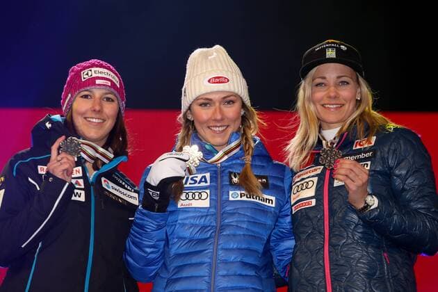 ALPINE SKIING - FIS Ski WC St. Moritz SANKT MORITZ,SWITZERLAND,18.FEB.17 - ALPINE SKIING - FIS Alpine World Ski Championships, slalom, ladies, award ceremony. Image shows Wendy Holdener (SUI), Mikaela Shiffrin (USA) and Frida Hansdotter (SWE). Keywords: medal. GEPAxpictures xMarioxKneisl