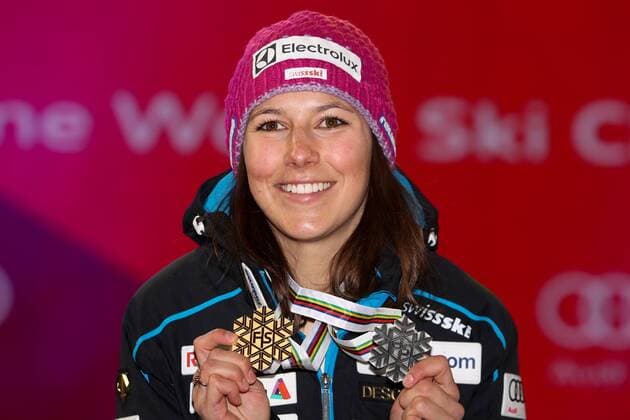 ALPINE SKIING - FIS Ski WC St. Moritz SANKT MORITZ,SWITZERLAND,18.FEB.17 - ALPINE SKIING - FIS Alpine World Ski Championships, slalom, ladies, award ceremony. Image shows Wendy Holdener (SUI). Keywords: medal. GEPAxpictures xMarioxKneisl