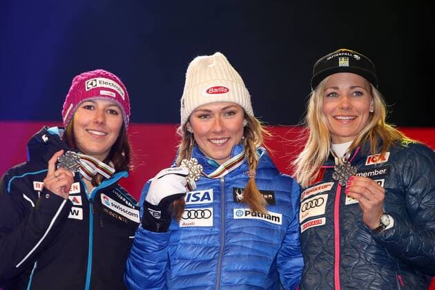 ALPINE SKIING - FIS Ski WC St. Moritz SANKT MORITZ,SWITZERLAND,18.FEB.17 - ALPINE SKIING - FIS Alpine World Ski Championships, slalom, ladies, award ceremony. Image shows Wendy Holdener (SUI), Mikaela Shiffrin (USA) and Frida Hansdotter (SWE). Keywords: medal. GEPAxpictures xMarioxKneisl