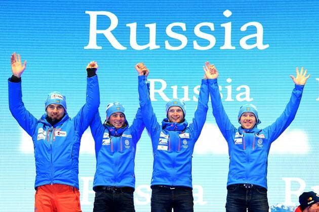 Der Staffelweltmeister Anton SHIPULIN (RUS), Anton BABIKOV (RUS), Maxim TSVETKOV (RUS), Alexey VOLKOV (RUS). Oesterreich, Hochfilzen: Wintersport, Biathlon, IBU World Championships 2017 - 4x7.5km Staffel Herren am 18.02.2017, Biathlonstadion.