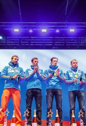 18.02.2017, Biathlonarena, Hochfilzen, AUT, IBU Weltmeisterschaften Biathlon, Hochfilzen 2017, Staffel Herren, Siegerehrung, im Bild Goldmedaillengewinner Alexey Volkov (RUS), Maxim Tsvetkov (RUS), Anton Babikov (RUS), Anton Shipulin (RUS) Winner and Gold Medalist Alexey Volkov of Russian Federation Maxim Tsvetkov of Russian Federation Anton Babikov of Russian Federation Anton Shipulin of Russian Federation during Winner Ceremony of the Mens Relay of the IBU Biathlon World Championships at the Biathlonarena in Hochfilzen, Austria on 2017 02 18. Hochfilzen EP_fei