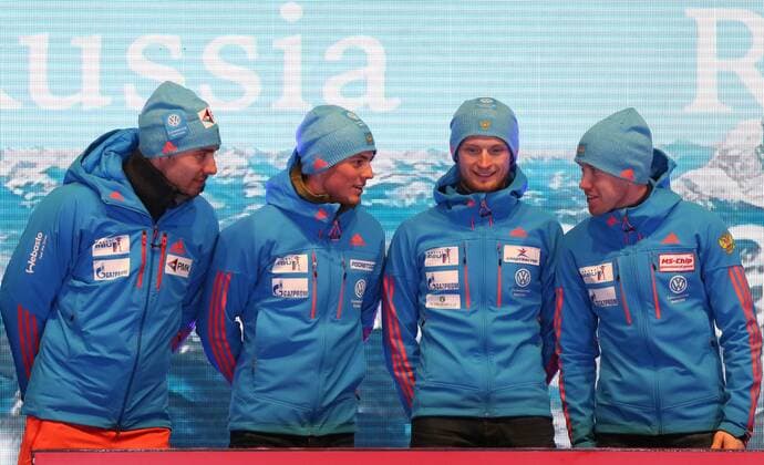 HOCHFILZEN, AUSTRIA - FEBRUARY 18, 2017: First-placed Anton Shipulin, Anton Babikov, Maxim Tsvetkov, and Alexei Volkov of Russia, from left, at a victory ceremony for the men s 4x7.5km relay at the 2017 IBU Biathlon World Championships in Hochfilzen, Austria. Stanislav Krasilnikov TASS  TS041D12