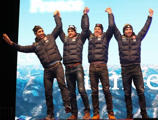 HOCHFILZEN, AUSTRIA - FEBRUARY 18, 2017: Silver medallists Martin Fourcade, Simon Desthieux, Quentin Fillon Maillet, and Jean Guillaume Beatrix, from left, of France pose at a victory ceremony for the men s 4x7.5km relay at the 2017 IBU Biathlon World Championships in Hochfilzen, Austria. Stanislav Krasilnikov TASS  TS041D1C