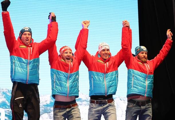 HOCHFILZEN, AUSTRIA - FEBRUARY 18, 2017: Bronze medallists Daniel Mesotitsch, Julian Eberhard, Simon Eder, Dominik Landertinger of Austria, from right, pose at a victory ceremony for the men s 4x7.5km relay at the 2017 IBU Biathlon World Championships in Hochfilzen, Austria. Stanislav Krasilnikov TASS  TS041D21