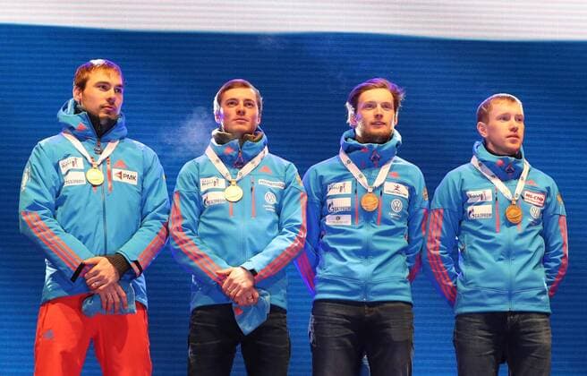 HOCHFILZEN, AUSTRIA - FEBRUARY 18, 2017: Biathletes Anton Shipulin, Anton Babikov, Maxim Tsvetkov, and Alexei Volkov of Russia, from left, pose with their gold medals at a victory ceremony for the men s 4x7.5km relay at the 2017 IBU Biathlon World Championships in Hochfilzen, Austria. Stanislav Krasilnikov TASS  TS041D23