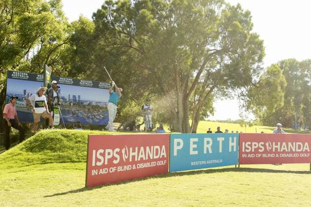 February 19th 2017, Lake Karrinyup Country Club, Perth, Western Australia, Australia; ISPS Handa World Super 6 Perth Golf Tournament Day 4; Adam Bland (AUS) tees off from the shootout tee on the 6th hole in his knockout game against Thomas Detry (Bel) while Johannes Veerman (USA) in the orange shirt waits his turn xDavidxWoodleyx  ActionPlus11848159