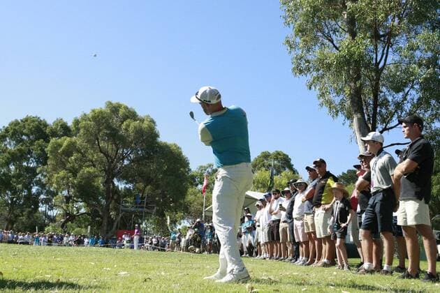 February 19th 2017, Lake Karrinyup Country Club, Perth, Western Australia, Australia; ISPS Handa World Super 6 Perth Golf Tournament Day 4; Adam Bland (AUS) chips out of the rough after taking a drop after his ball landed behind a sign on the 4th hole during his Semi Final against brett Rumford (AUS) xDavidxWoodleyx  ActionPlus11848166