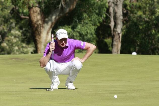 February 19th 2017, Lake Karrinyup Country Club, Perth, Western Australia, Australia; ISPS Handa World Super 6 Perth Golf Tournament Day 4; Brett Rumford (AUS) Lines up his putt for the win on the 6th hole during his Semi Final against Adam Bland (AUS) xDavidxWoodleyx  ActionPlus11848214
