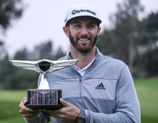 February 19, 2017 - Los Angeles, California, U.S - Dustin Johnson celebrates with his trophy after the final round of the PGA Golf Herren Tour Genesis Open golf tournament at Riviera Country Club on February 19, 2017, in Los Angeles. Dustin Johnson won the Genesis Open. Dustin Johnson won the Genesis Open - ZUMAc68_ 77385547st Copyright: xRingoxChiux