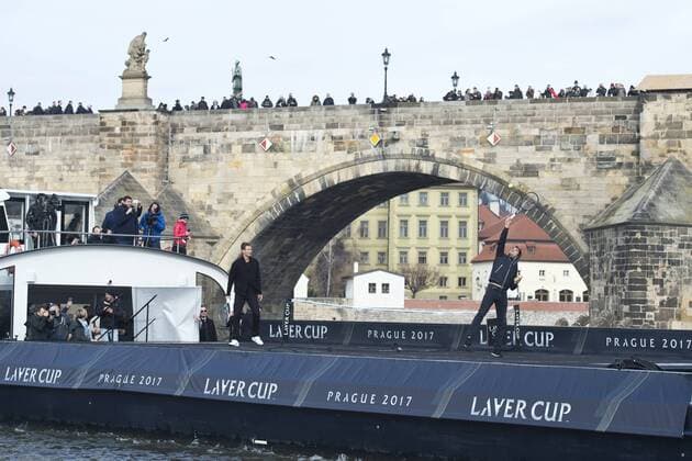 Switzerland s tennis player Roger Federer, right, and Czech Republic s Tomas Berdych, left, in action during a exhibition match on Vltava river in Prague, Czech Republic, Monday, February 20, 2017. Federer arrived in Prague to promote the Laver Cup, a tournament that will be held in Prague on Sept. 22-24, 2017, pitting six top European players against their counterparts from the rest of the world. The Charles Bridge is in the background. (CTKxPhoto MichalxKamaryt) CTKPhotoP201702200385601 kmt 5
