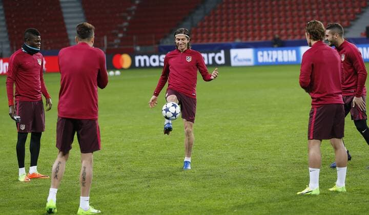 Atletico Madrid training session in Leverkusen before the Champions League match. In this picture, Thomas, Filipe Luis, Koke, Griezmann and Gimenez. xPabloxGarciax 