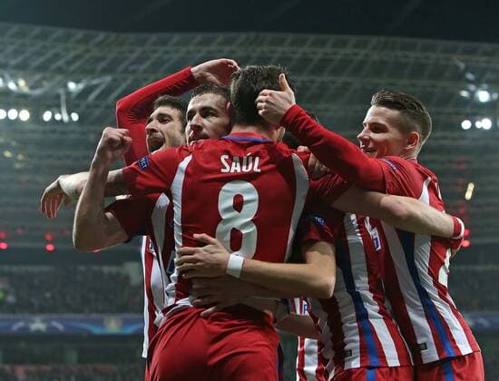 21.02.2017, Fussball UEFA Champions League 2016 2017, Achtelfinale, Bayer 04 Leverkusen - Atletico Madrid, in der BayArena Leverkusen. Jubel Atletico zum Tor zum 0:1 