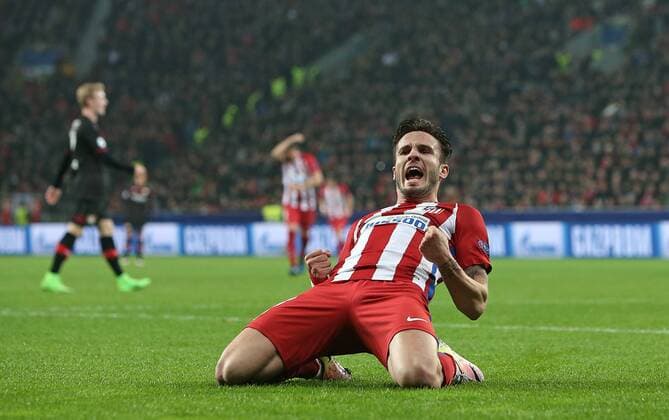 21.02.2017, Fussball UEFA Champions League 2016 2017, Achtelfinale, Bayer 04 Leverkusen - Atletico Madrid, in der BayArena Leverkusen. Jubel Torschütze Saul Niguez (Atletico Madrid) zum Tor zum 0:1 