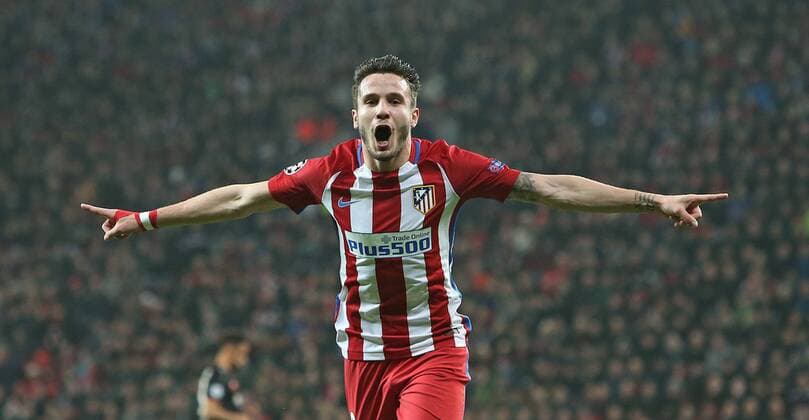 Themen der Woche - Sport Bilder des Tages - SPORT 21.02.2017, Fussball UEFA Champions League 2016 2017, Achtelfinale, Bayer 04 Leverkusen - Atletico Madrid, in der BayArena Leverkusen. Jubel Torschütze Saul Niguez (Atletico Madrid) zum Tor zum 0:1 