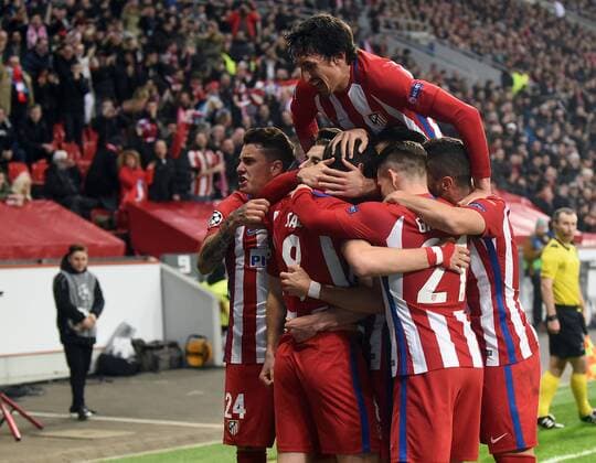 21.02.2017, xhbx, Fussball Champions League, Bayer 04 Leverkusen - Atletico Madrid, emspor, v.l. Saul Niguez (Atletico Madrid) celebrate the goal, Torjubel zum 0:1 Leverkusen