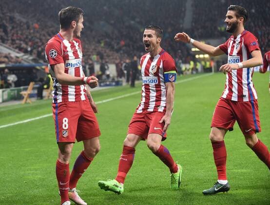 21.02.2017, xhbx, Fussball Champions League, Bayer 04 Leverkusen - Atletico Madrid, emspor, v.l. Saul Niguez (Atletico Madrid) celebrate the goal, Torjubel zum 0:1 Leverkusen