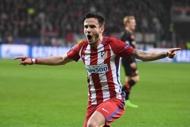 21.02.2017, xhbx, Fussball Champions League, Bayer 04 Leverkusen - Atletico Madrid, emspor, v.l. Saul Niguez (Atletico Madrid) celebrate the goal, Torjubel zum 0:1 Leverkusen