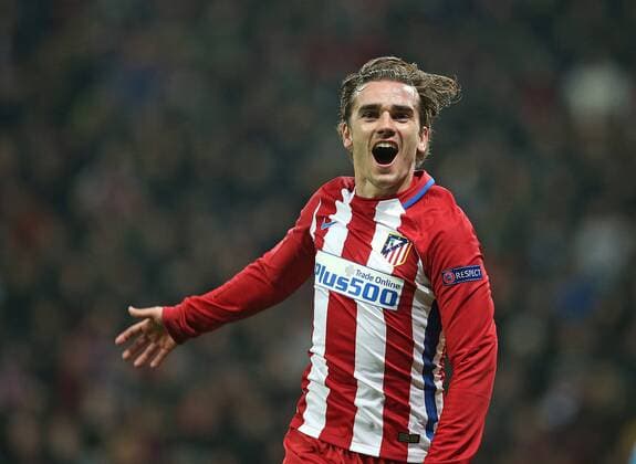 21.02.2017, Fussball UEFA Champions League 2016 2017, Achtelfinale, Bayer 04 Leverkusen - Atletico Madrid, in der BayArena Leverkusen. Jubel Torschütze Antoine Griezmann (Atletico Madrid) zum Tor zum 0:1 