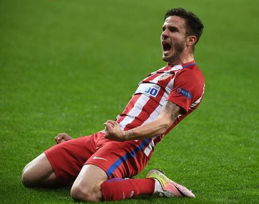21.02.2017, xhbx, Fussball Champions League, Bayer 04 Leverkusen - Atletico Madrid, emspor, v.l. Saul Niguez (Atletico Madrid) celebrate the goal, Torjubel zum 0:1 Leverkusen