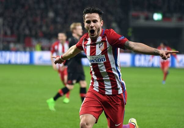 21.02.2017, xhbx, Fussball Champions League, Bayer 04 Leverkusen - Atletico Madrid, emspor, v.l. Saul Niguez (Atletico Madrid) celebrate the goal, Torjubel zum 0:1 Leverkusen