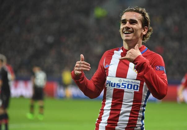 21.02.2017, xhbx, Fussball Champions League, Bayer 04 Leverkusen - Atletico Madrid, emspor, v.l. Antoine Griezmann (Atletico Madrid) celebrate the goal, Torjubel zum 0:2 Leverkusen