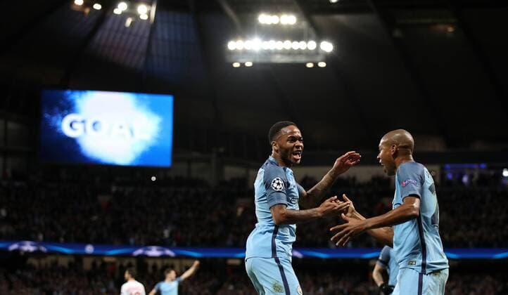 Raheem Sterling of Manchester City celebrates after scoring during the Champions League Round of 16 match at Etihad Stadium, Manchester. Picture date: February 21st 2017. Pic credit should read: Lynne Cameron Sportimage EDITORIAL USE ONLY. No use with unauthorised audio, video, data, fixture lists, club league logos or live services. Online in-match use limited to 120 images, no video emulation. No use in betting, games or single club league player publications.