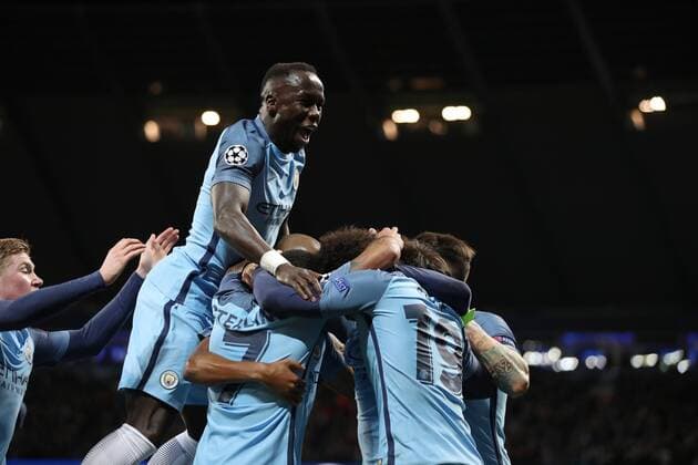 Raheem Sterling of Manchester City celebrates after scoring during the Champions League Round of 16 match at Etihad Stadium, Manchester. Picture date: February 21st 2017. Pic credit should read: Lynne Cameron Sportimage EDITORIAL USE ONLY. No use with unauthorised audio, video, data, fixture lists, club league logos or live services. Online in-match use limited to 120 images, no video emulation. No use in betting, games or single club league player publications.